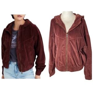 America Eagle Corduroy Women’s Cropped Jacket Size Large Brown Hoodie